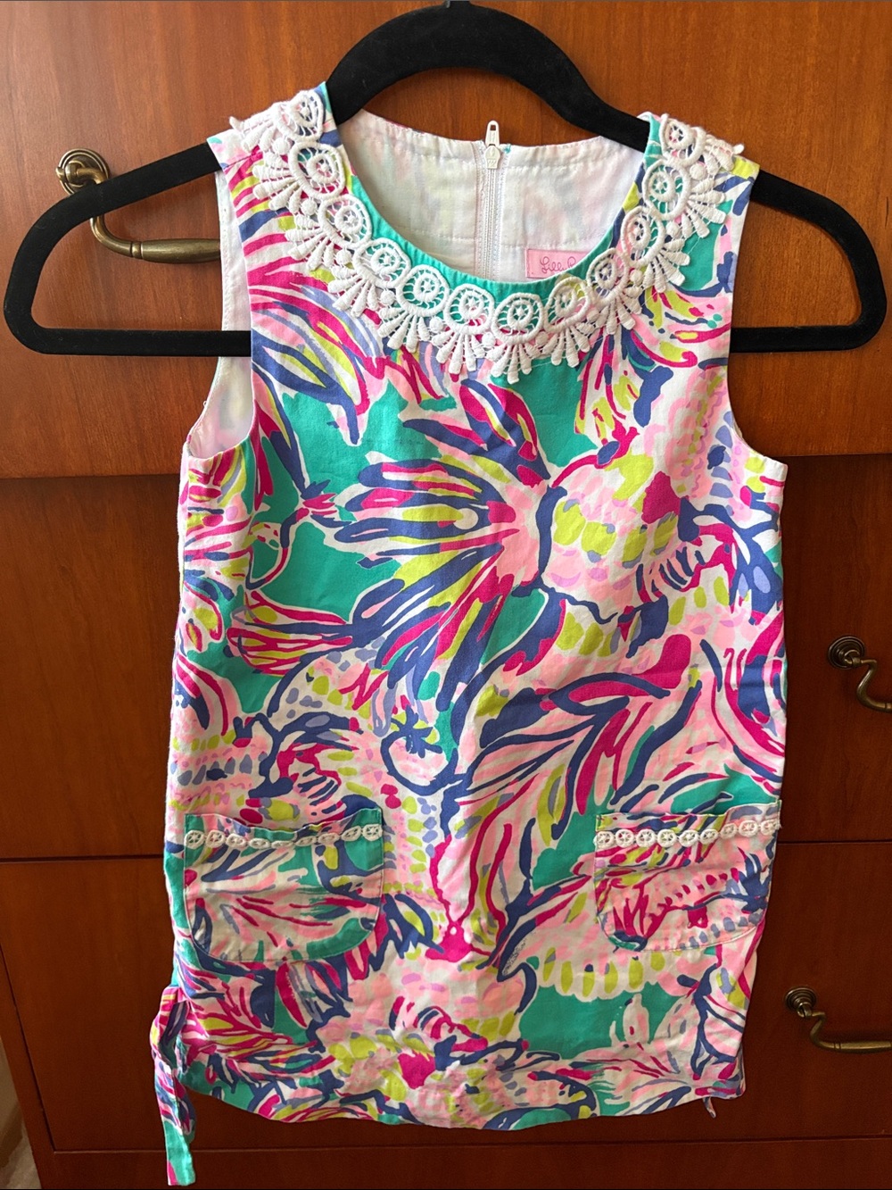 Lilly Pulitzer Girls Floral Tropical Sleeveless Shift Dress with Lace Trim